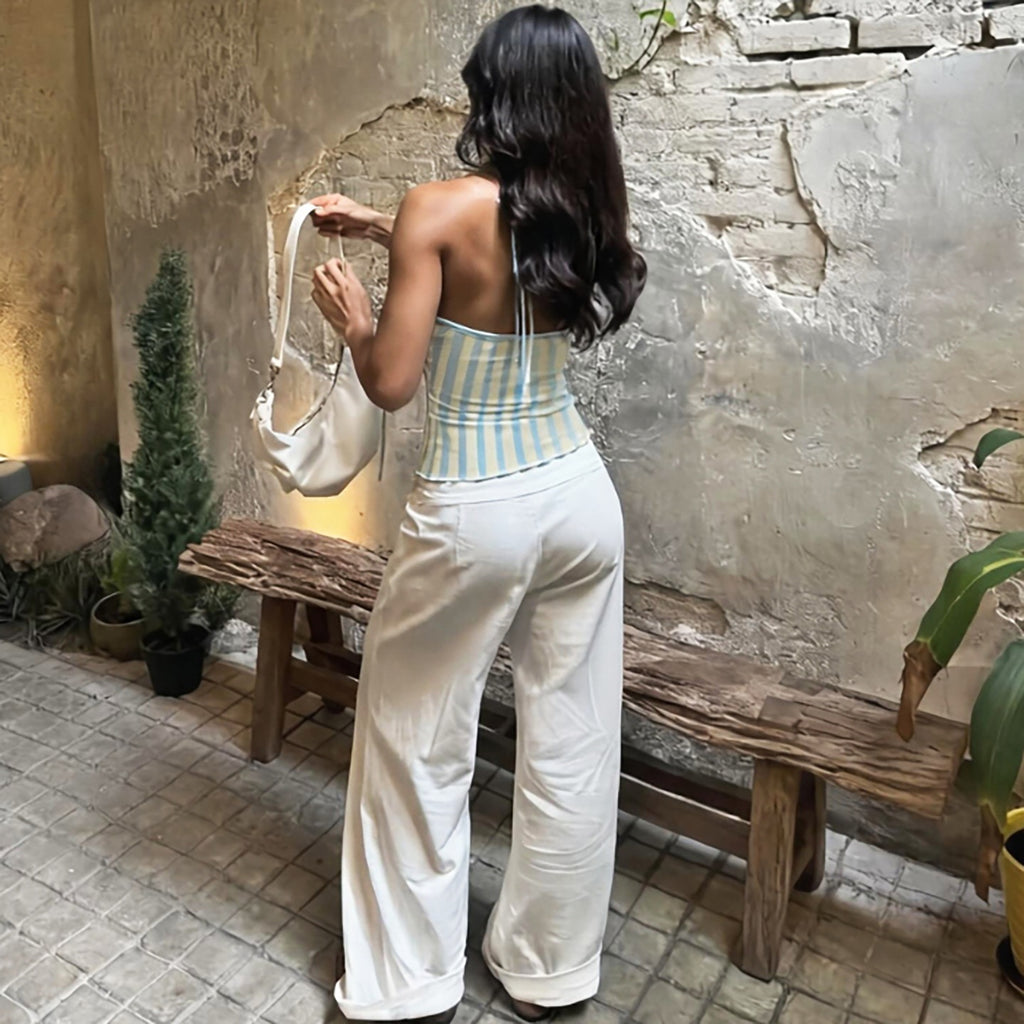 Summer Women Clothing Sexy Halter Beaded Backless Slim Fit Striped Printed Vest Top YIMAIL