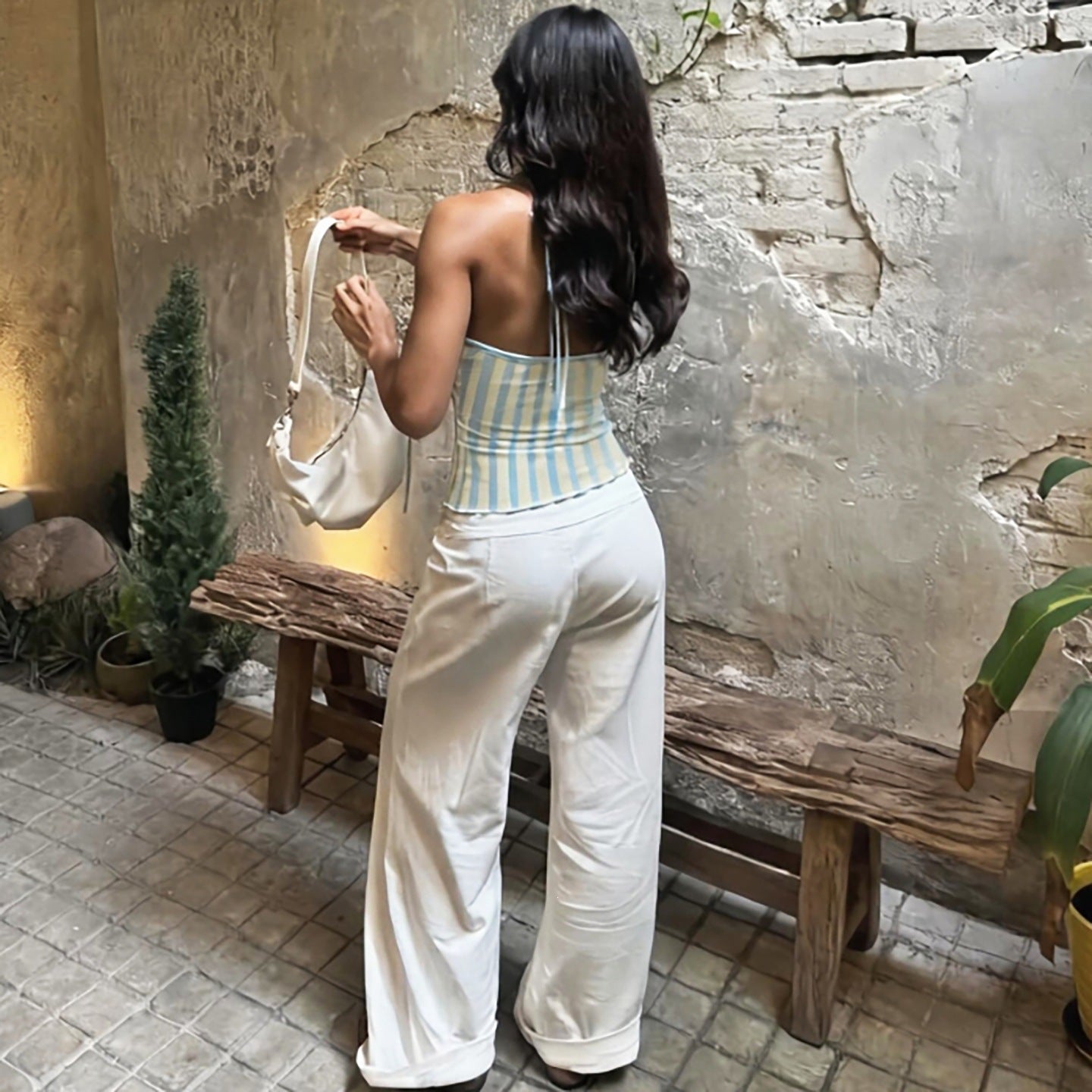 Summer Women Clothing Sexy Halter Beaded Backless Slim Fit Striped Printed Vest Top YIMAIL