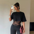 Summer Faux Two Piece Lace Slim Fit Patchwork Hollow Out Cutout Sexy Short Sleeve Women T Shirt Tops Vivish