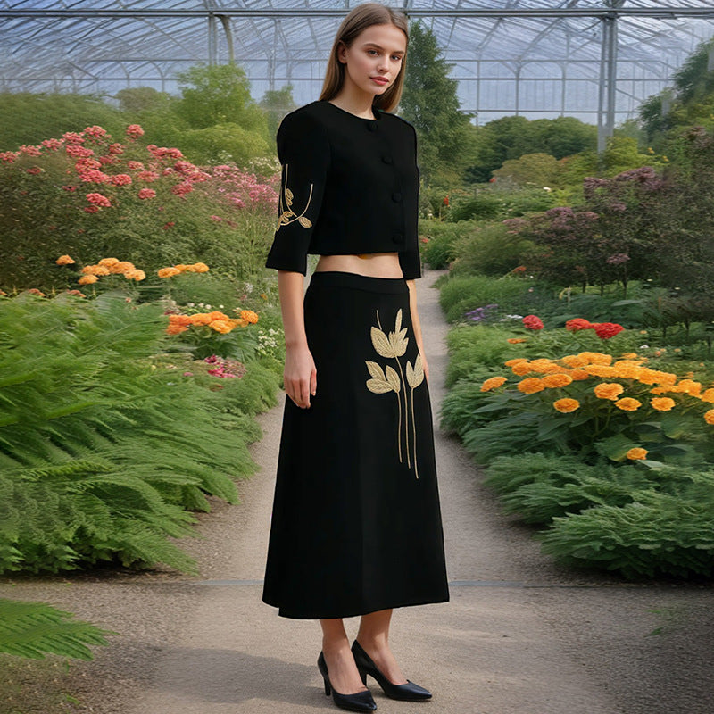 Spring Dignified Floral Machine Embroidery Top High Waist Floral Skirt Two Piece Sets Women Sailfish