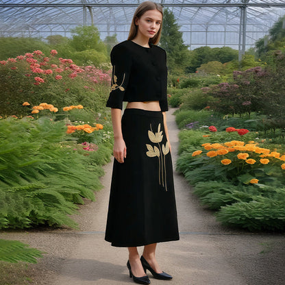 Spring Dignified Floral Machine Embroidery Top High Waist Floral Skirt Two Piece Sets Women Sailfish