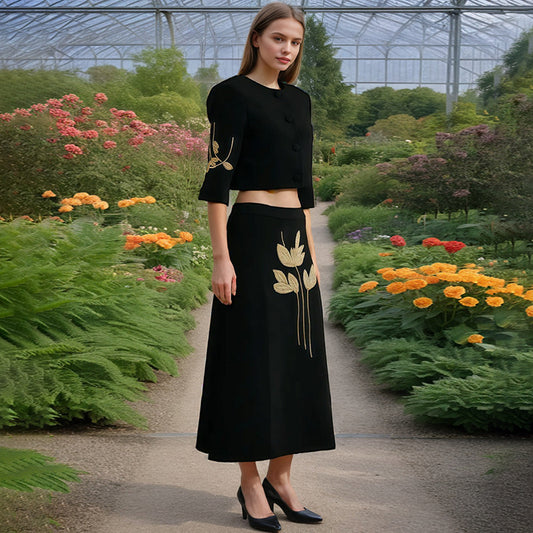 Spring Dignified Floral Machine Embroidery Top High Waist Floral Skirt Two Piece Sets Women Sailfish