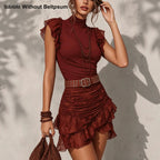 Ruffles Two Piece Turtleneck Top with Pleated Lace Skirt (Excluding Belt) Venly