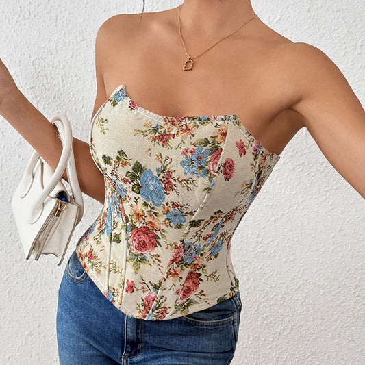 Top de tubo con estampado floral retro francés de verano, corsé con varillas, ropa de abrigo sexy, sujetador