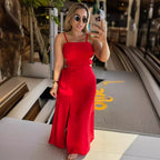 Vestido sin espalda con tirantes y abertura en la cadera sin mangas de color sólido para mujer
