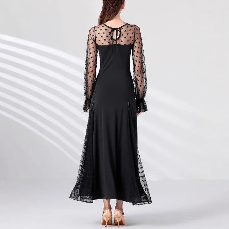 Elegant Women Polka Dot Lace Stitching Long Sleeve Dress Lantern Sleeve Polka Dot Stitching Split Dress Venly