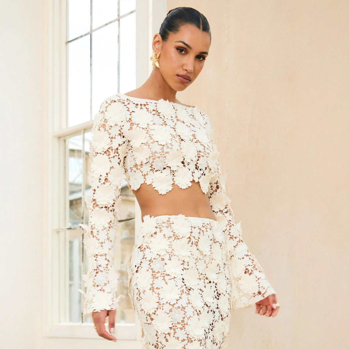 Summer Women Clothing French Lace Fishtail Pullover Long Sleeve Set Maxi Skirt for Women XINXI