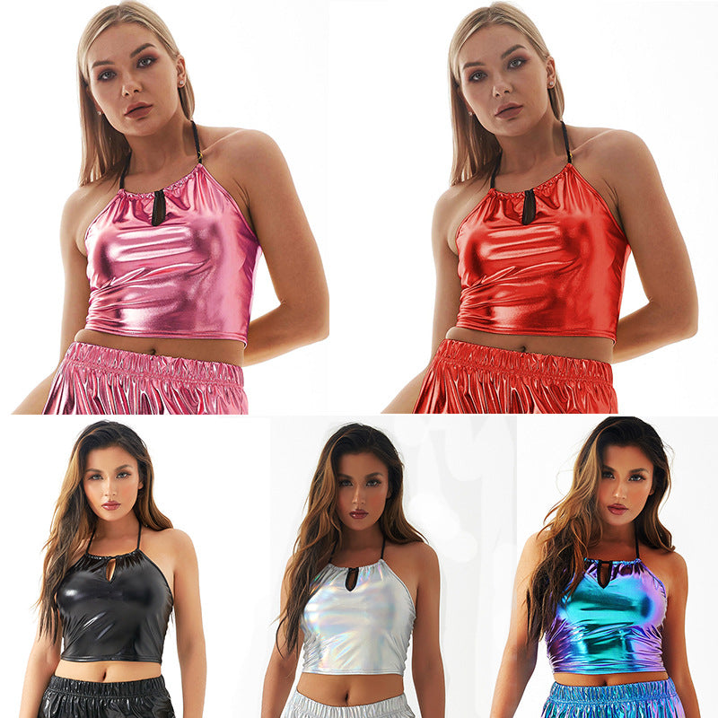 Women Clothing Series Neck Tube Top Sexy Backless Metal Patent Leather Sling Sexy Slim Vest Universe