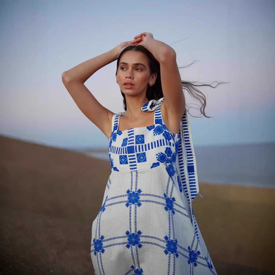 Summer Vacation Halter Spaghetti Straps Maxi Dress Sleeveless Printed Dress XUYUN