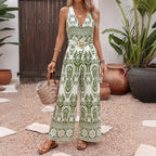 Ethnic Lace up Halterneck Jumpsuit Summer Backless Print Tight Waist V neck Jumpsuit Women Jeme