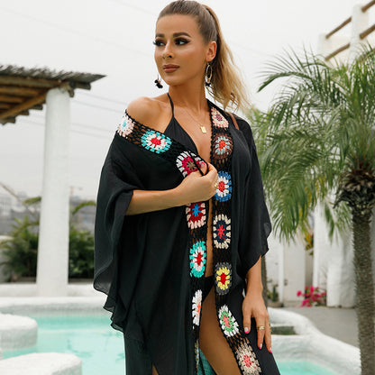 Women One Piece V neck Crocheted Stitching Beach Dress Average Size Half Sleeved Sun Proof Blouse