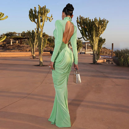 Fall Women Clothing Solid Color Turtleneck Backless Stitching Pleated Slim Fit Dress