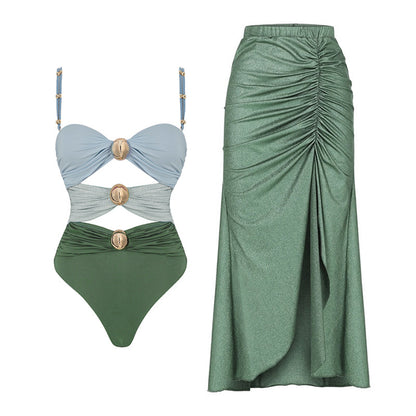 Green Color Matching Swimsuit Suit