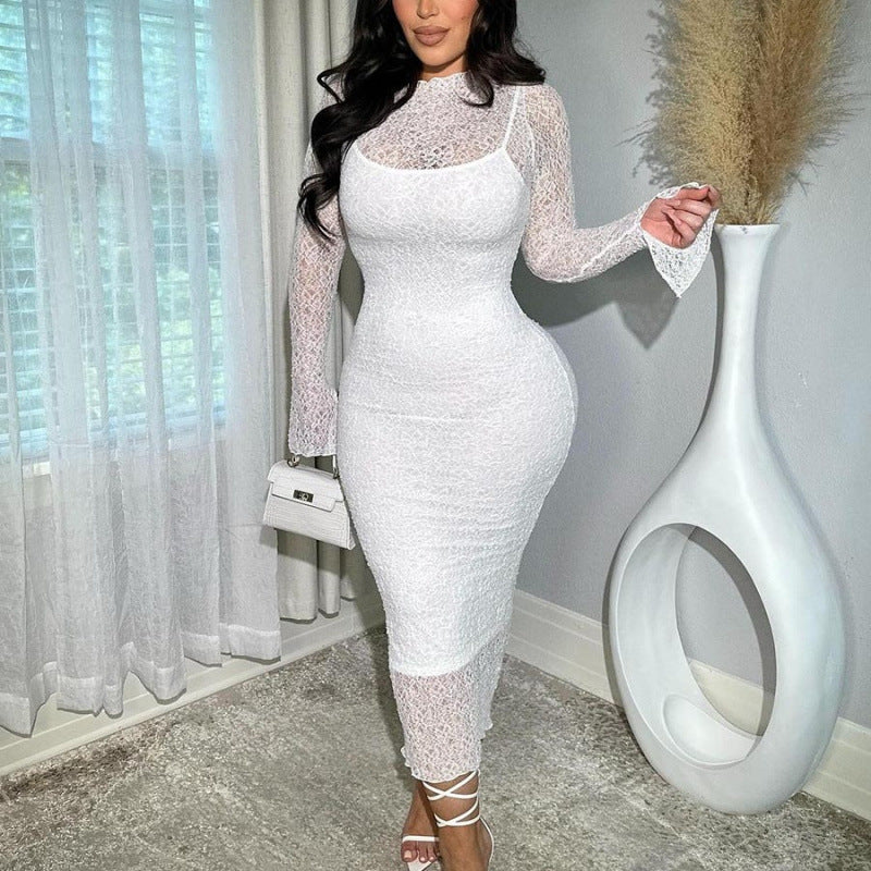 Women Clothing Summer Sexy Slim Fit Lace See through Long Sleeve Dress Bonnie J