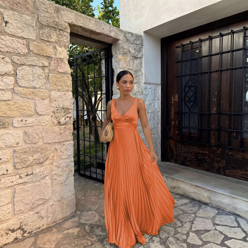 Goods Spring Summer Dress Fitted Waist Pleated V neck Brace Solid Color Dress XUYUN