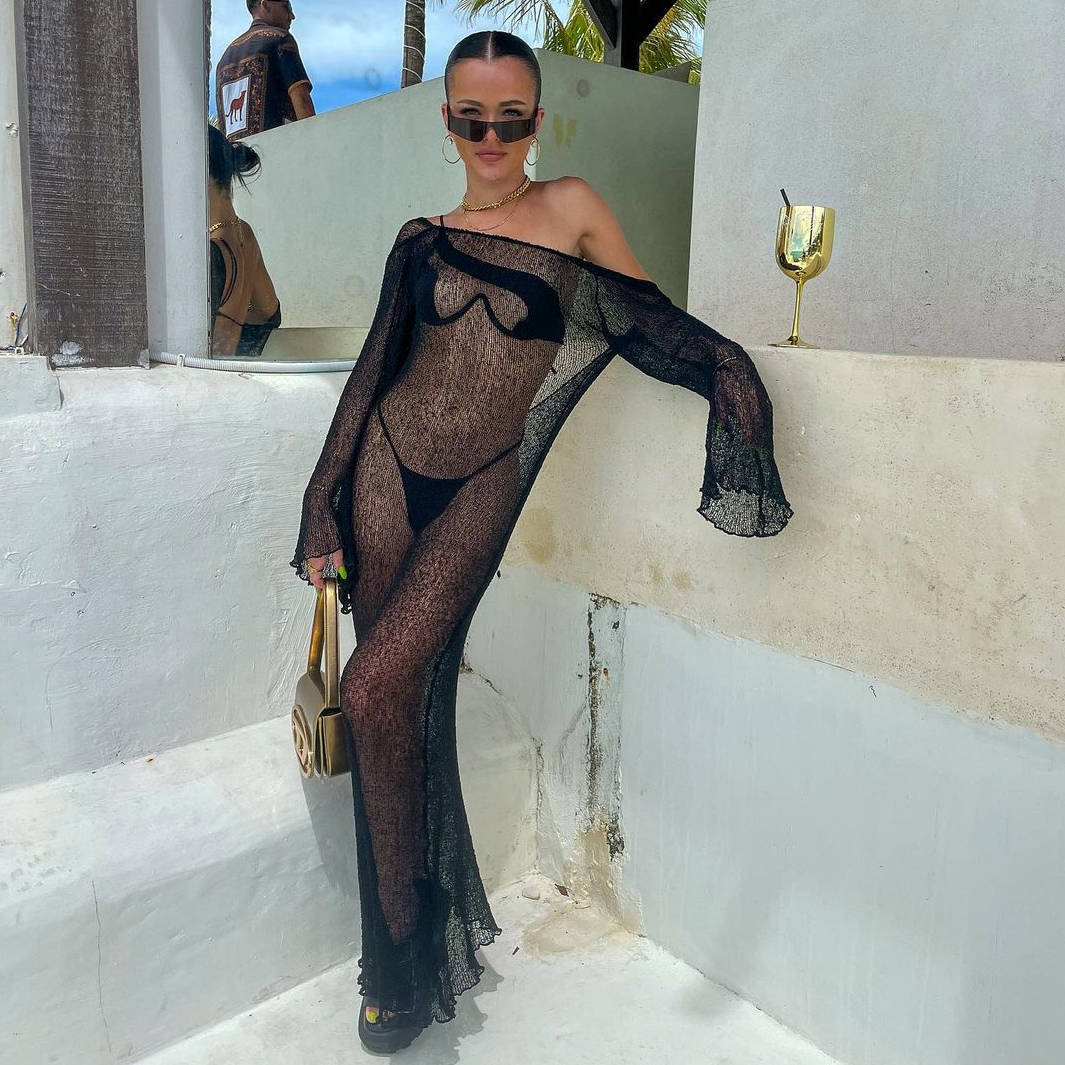 Sexy See Through Backless Slim Fit Comfortable Beach Beach Cover Up Bohemian Woolen Maxi Dress Havana