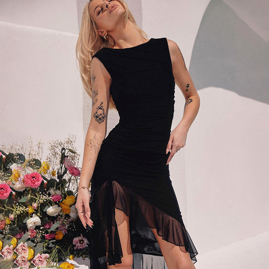 Women Clothing Sexy Sleeveless Vest Dress Backless Gauzy Stitching Irregular Asymmetric Swing Dress Women