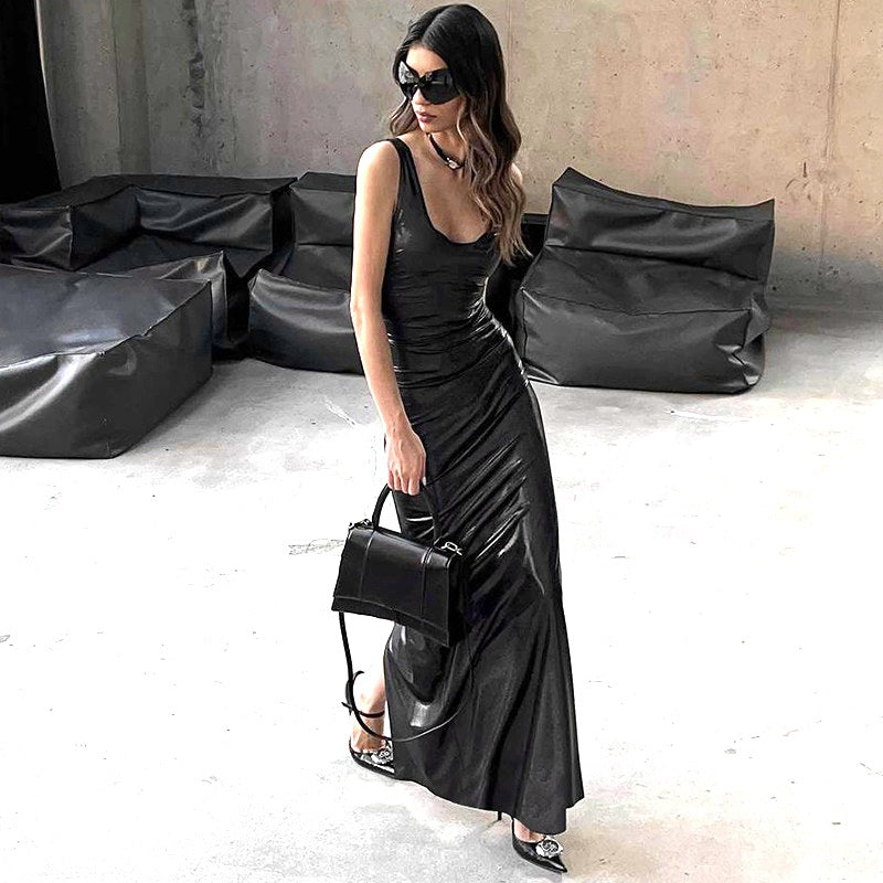 Women Clothing Winter U Collar Solid Color Split Vest Dress SaturdayNight
