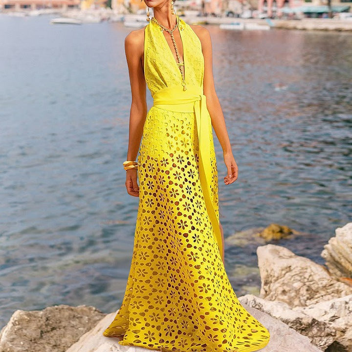 Traje de baño de una pieza con corte hueco y cuello en V de gran estilo para vacaciones en la playa para mujer