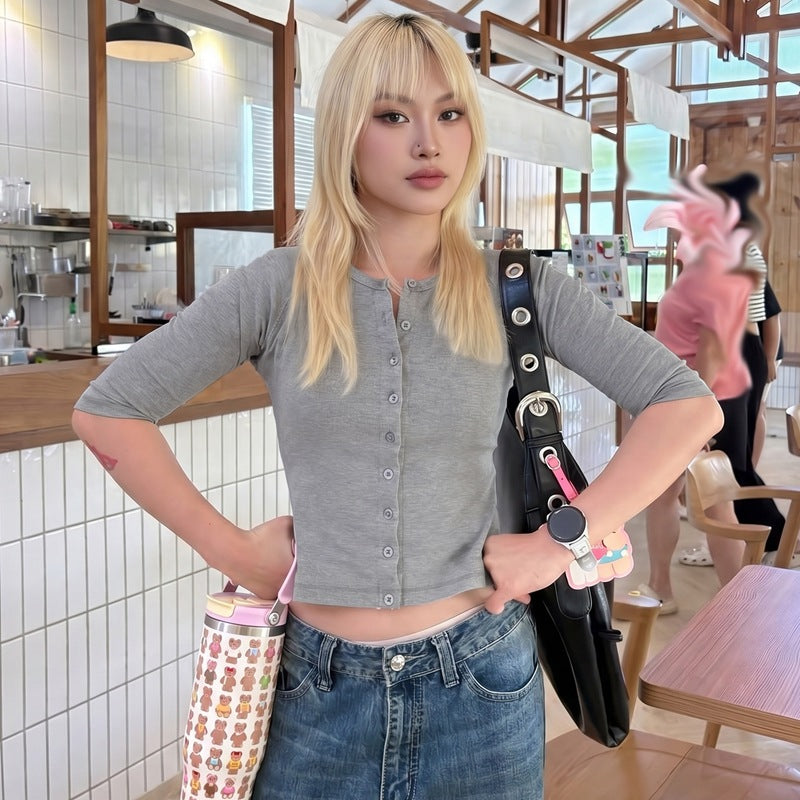 French Solid Color Short T shirt Women Summer Cardigan Button Slim Fit Slimming Top BULLINGER