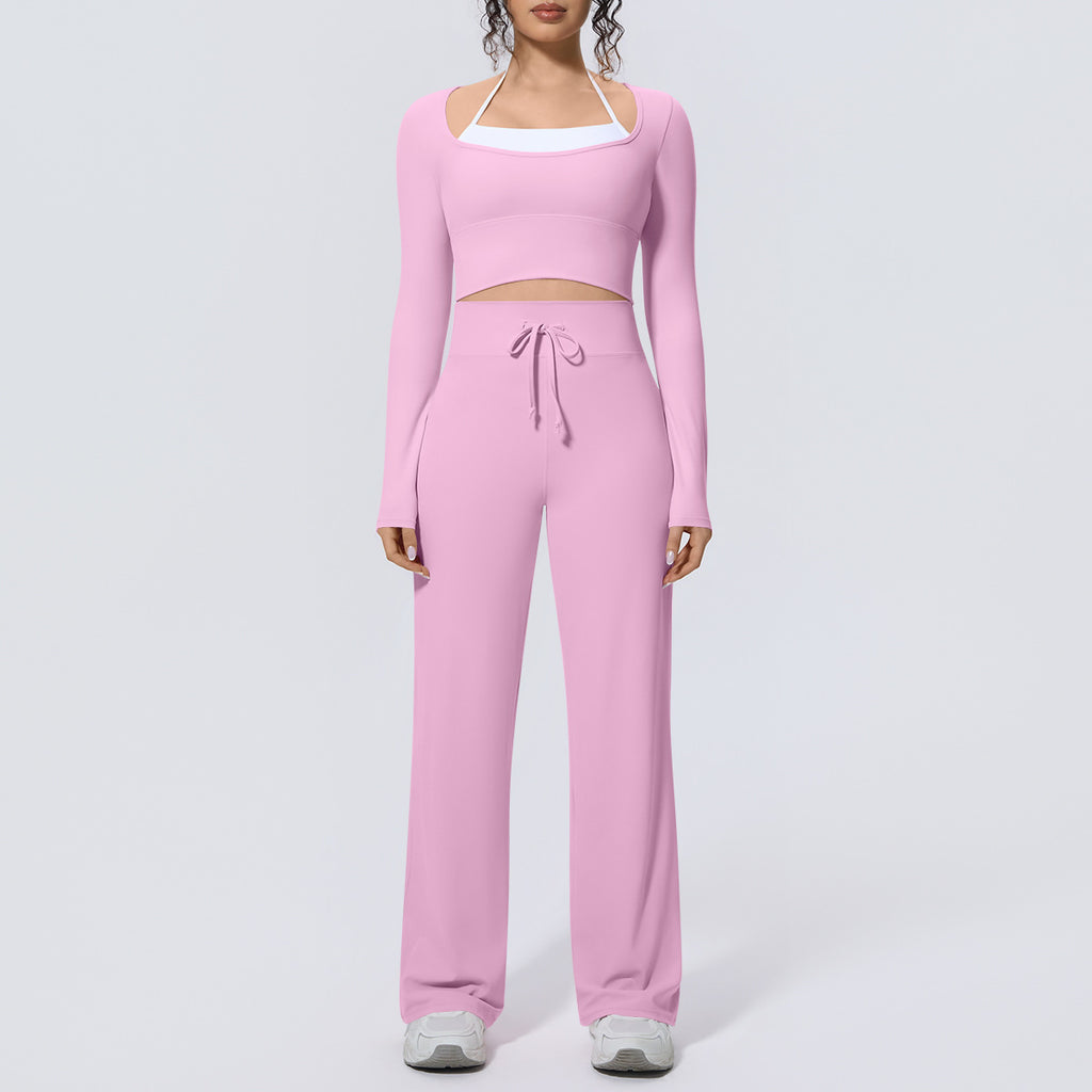 Nude Feel Color Matching Brushed Slimming Long Sleeve Casual Wide Leg Pants Pilates Workout Clothes Yoga Two Piece Sets Women NESHA