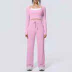 Nude Feel Color Matching Brushed Slimming Long Sleeve Casual Wide Leg Pants Pilates Workout Clothes Yoga Two Piece Sets Women NESHA