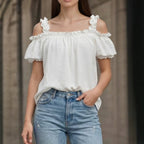 All Match Solid Color V neck Ruffled off the Shoulder Casual Sling Top AXE