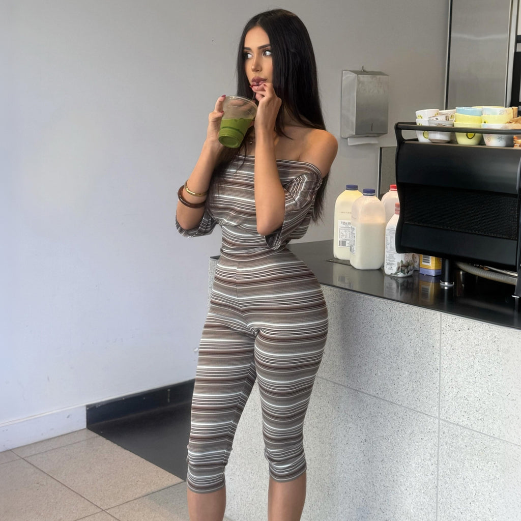 Summer Women Striped Sexy Tube Top off Shoulder Short Sleeve Skinny Knee Length Pants Set Dores