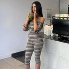 Summer Women Striped Sexy Tube Top off Shoulder Short Sleeve Skinny Knee Length Pants Set Dores