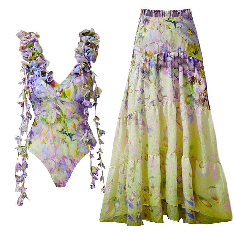 Traje de baño de una pieza con borlas y estampado floral 3D para mujer