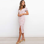 Summer Popular Short Sleeve Printed V neck Sexy Slit Dress for Women