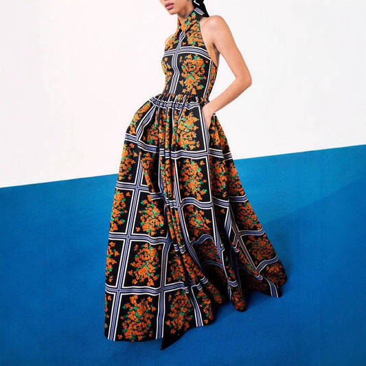 Summer Maxi Dress Sexy Backless Collared Printing Slip Dress