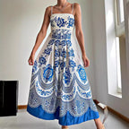 Spring Summer Suspender Ethnic Symmetrical Printed Dress Havill