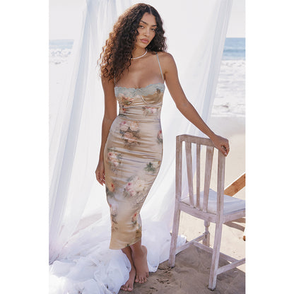 Vestido camisero de encaje sexy para mujer, vestido midi de cintura alta sin espalda y estampado