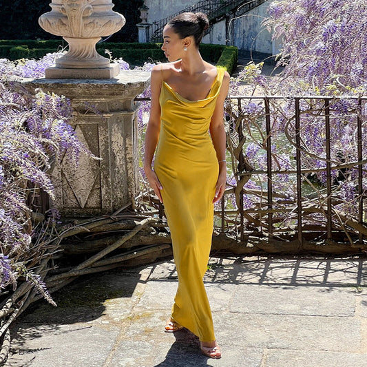 Sling Pockets Collar Sexy Backless Satin Formal Dress Elegant Evening Dress