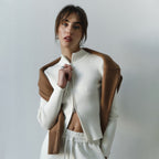 Manteau d'automne-hiver à col montant, coupe ajustée, manches longues, cardigan à double fermeture éclair, manteau en maille thermique pour femme