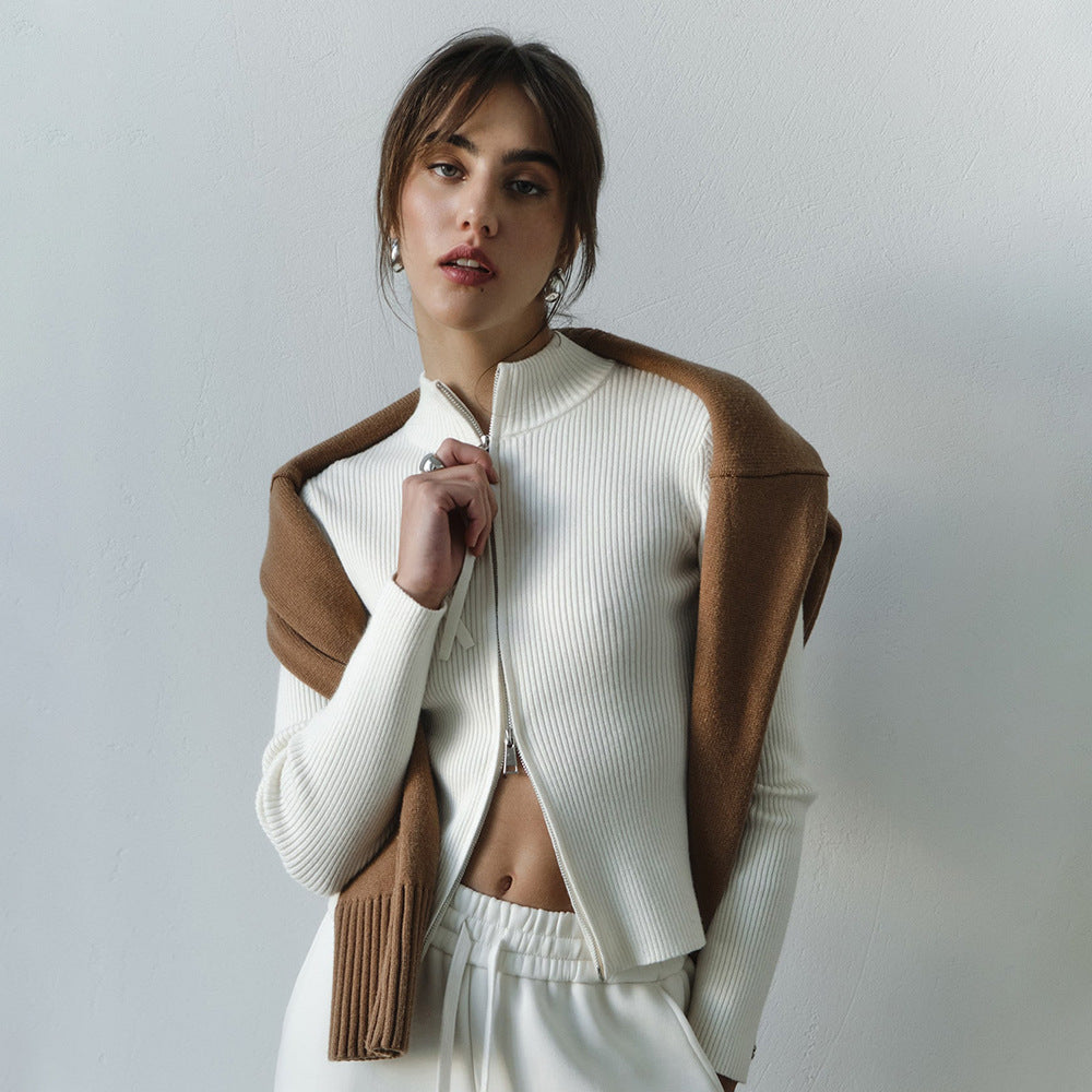 Manteau d'automne-hiver à col montant, coupe ajustée, manches longues, cardigan à double fermeture éclair, manteau en maille thermique pour femme