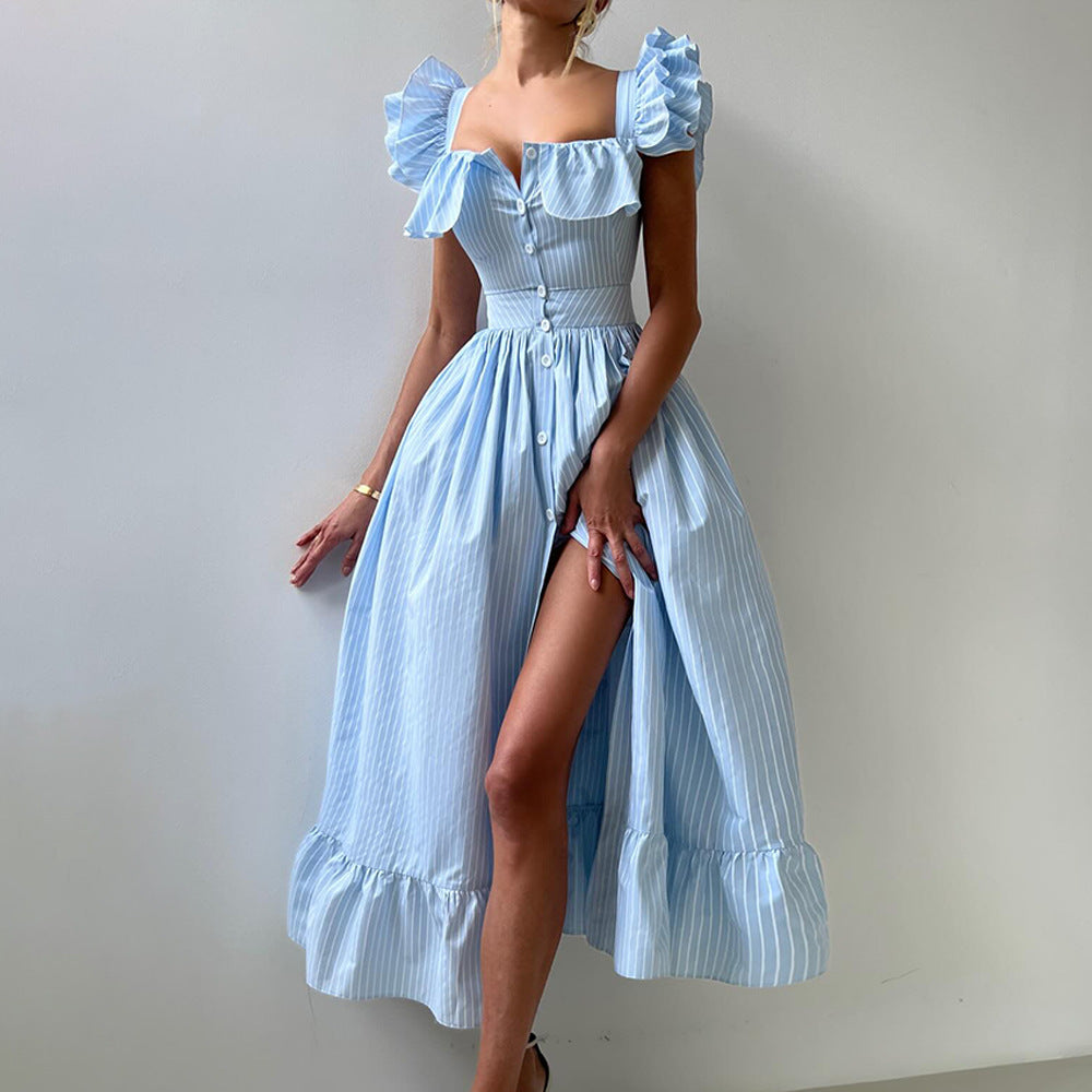 Striped Dress Summer Button Cardigan Waist Slimming Maxi Dress Flying Sleeves Dress Women BlueLine