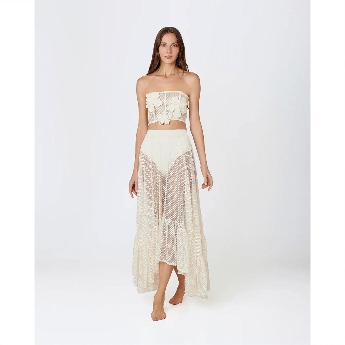 Hollow Out Cutout-out Tube Top Lace-up Solid Color High Waist Bikini Skirt Set Split Swimsuit Women Thunder