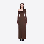 Spring Dark Brown One Shoulder Dress Pleated High Slit Maxi Dress the Dinner Party Host Sight