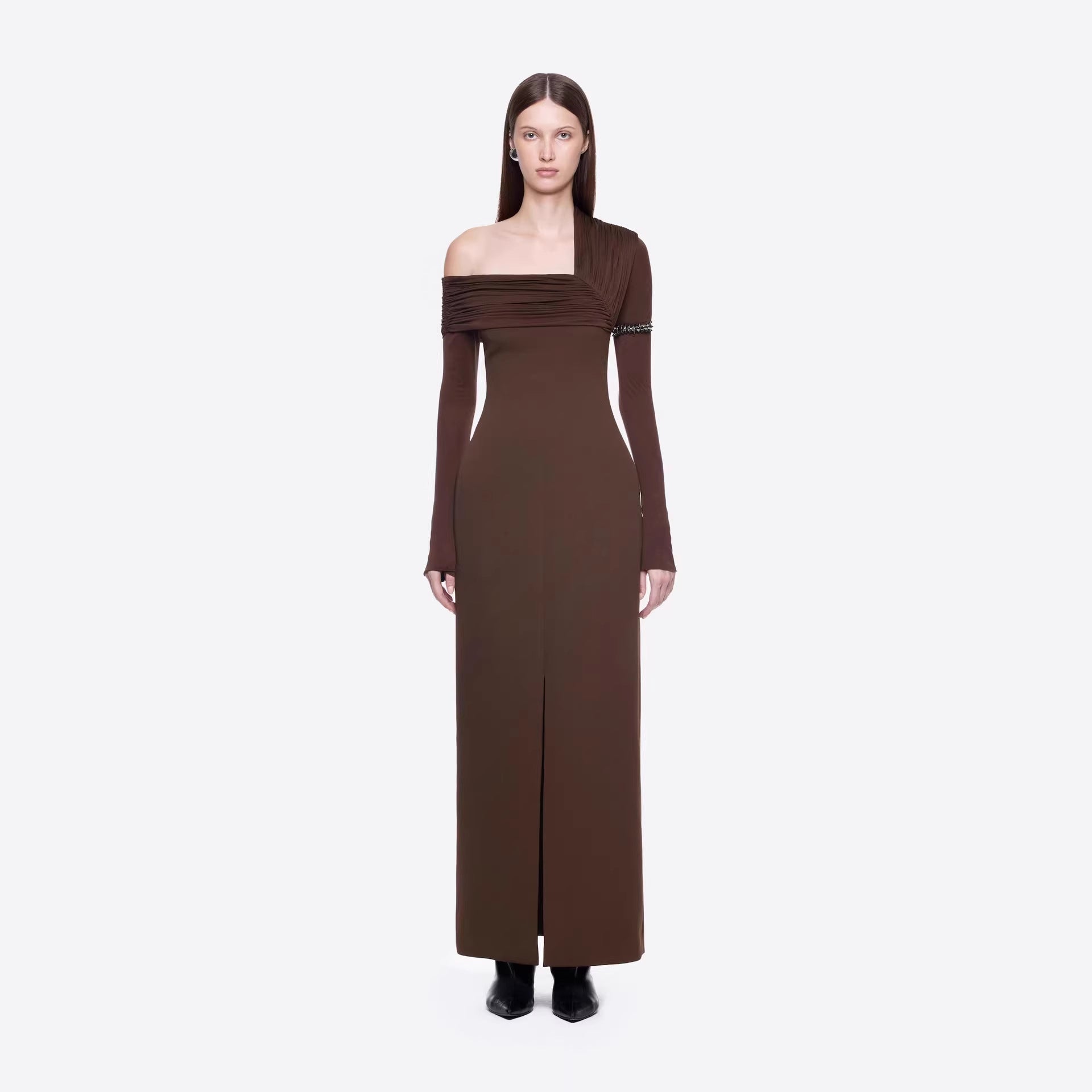 Spring Dark Brown One Shoulder Dress Pleated High Slit Maxi Dress the Dinner Party Host Sight