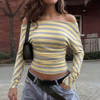 Casual off Shoulder Striped Long Sleeved Top Women Clothing Spring CKK