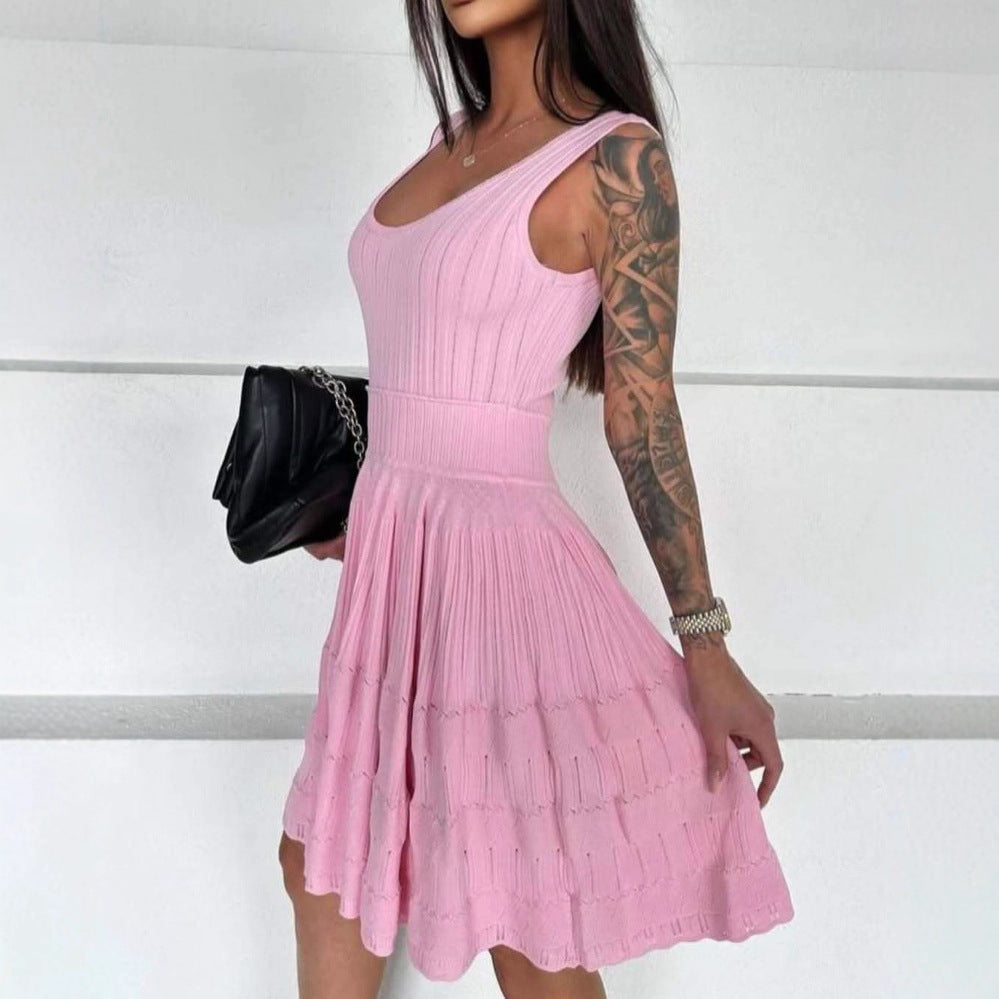 Spring Summer Slim Vest Knitted Dress Women Hollow Out Cutout-out Cinched Sleeveless Puff Short Women Havana
