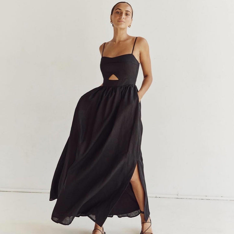 Black Breathable Sling High Waist French Dress Spring Autumn Holiday Long Dress Women Kigali