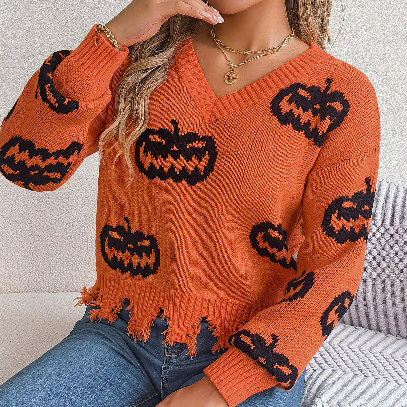 Pull à manches longues pour femme, motif citrouille, couleurs contrastées, automne-hiver et Halloween