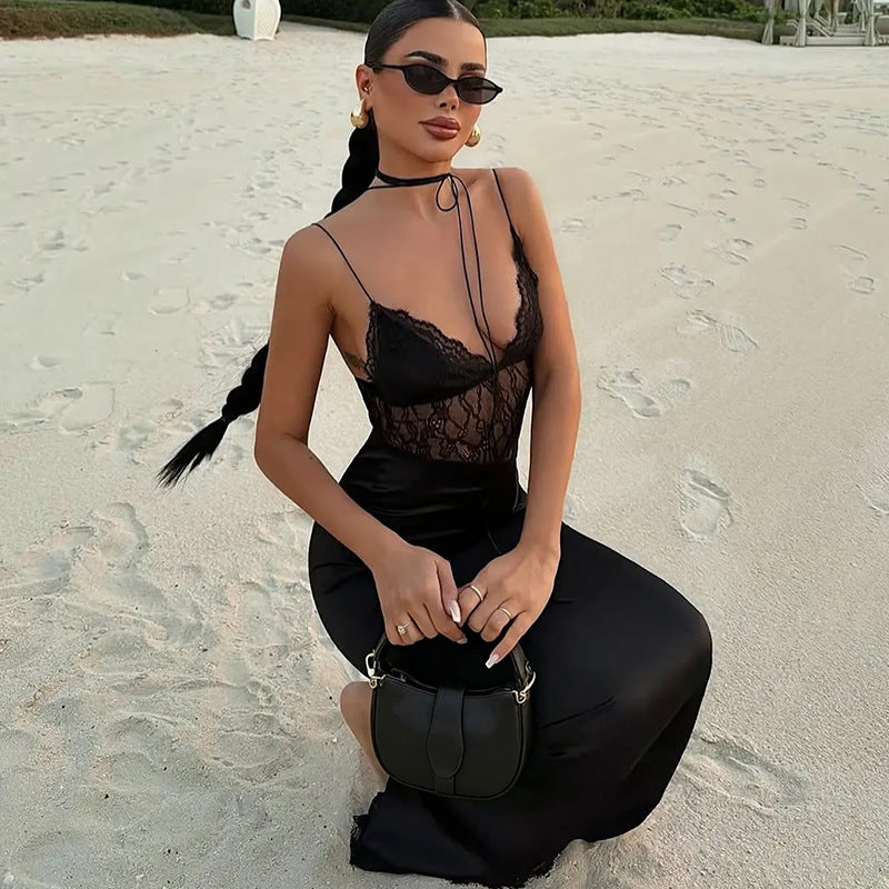 Spring Women Clothing Slim Fit Tied Low Collar Sexy Mesh Stitching Lace Dress Women YIMAIL