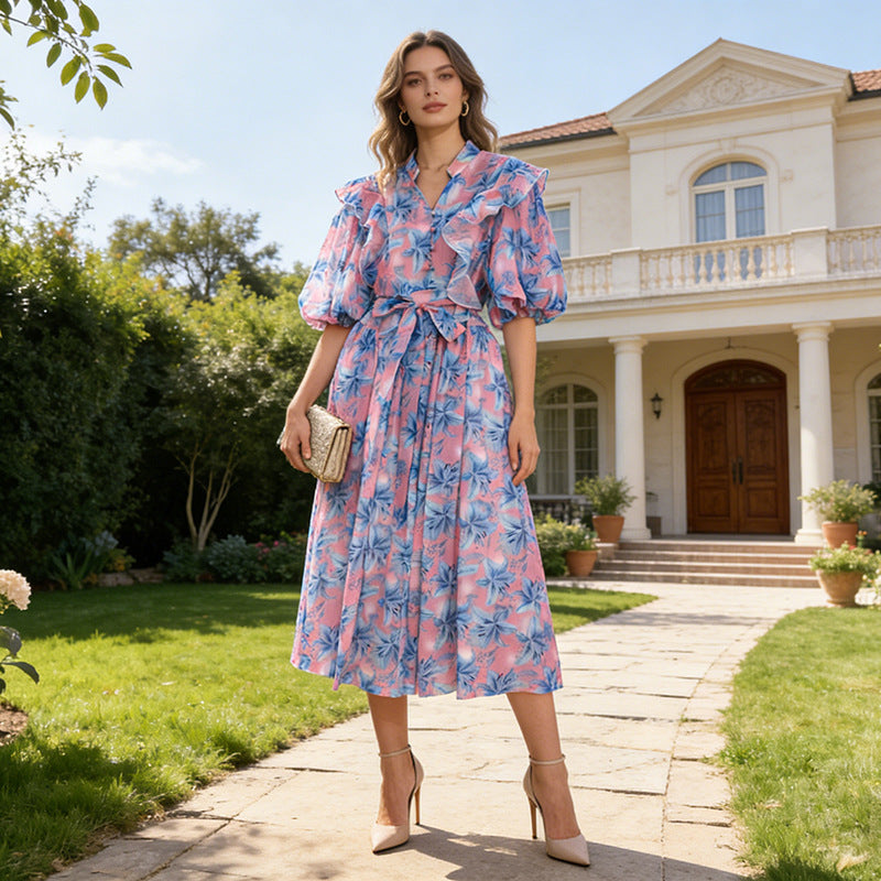 Spring Elegant Floral Patchwork Maxi Dress Puff Sleeve Slim Fit Slimming V neck Dress for Women Sailfish