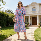 Spring Elegant Floral Patchwork Maxi Dress Puff Sleeve Slim Fit Slimming V neck Dress for Women Sailfish
