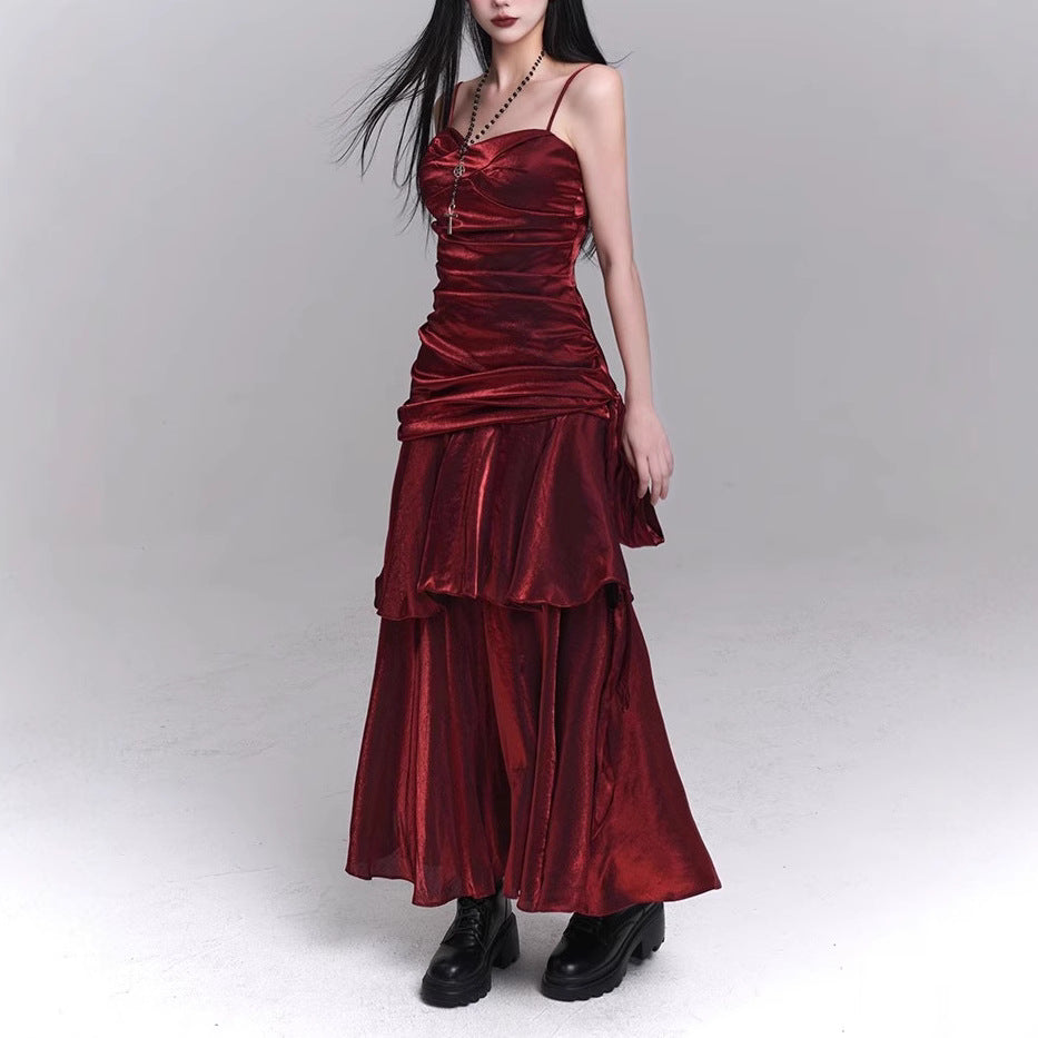 Vestido rojo oscuro con tirantes, vestido de concierto para cumpleaños, vestido de fiesta de alta gama, vestido pequeño