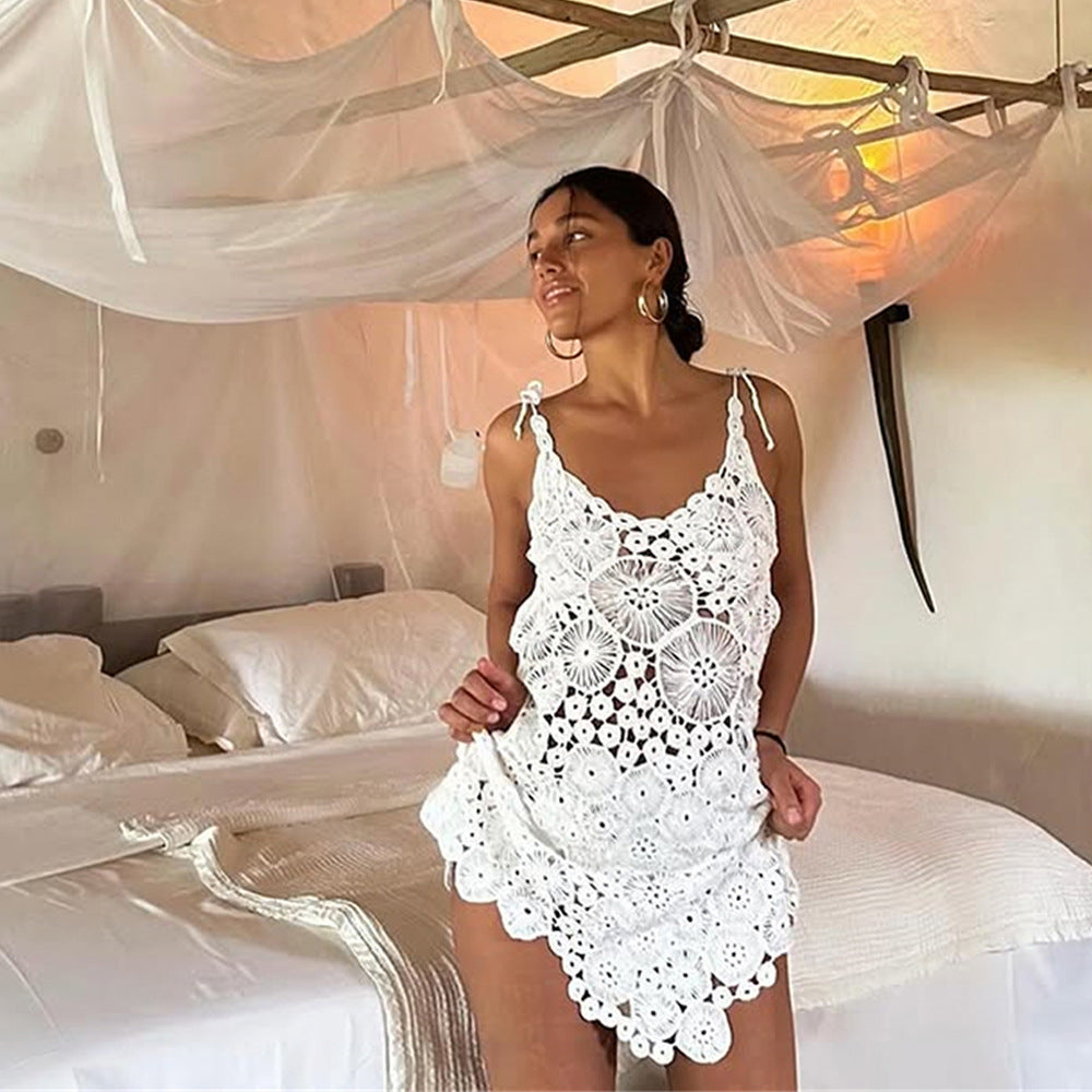 Summer Sexy Lace Cutout Solid Color Crochet Beach Cover up Dress Women